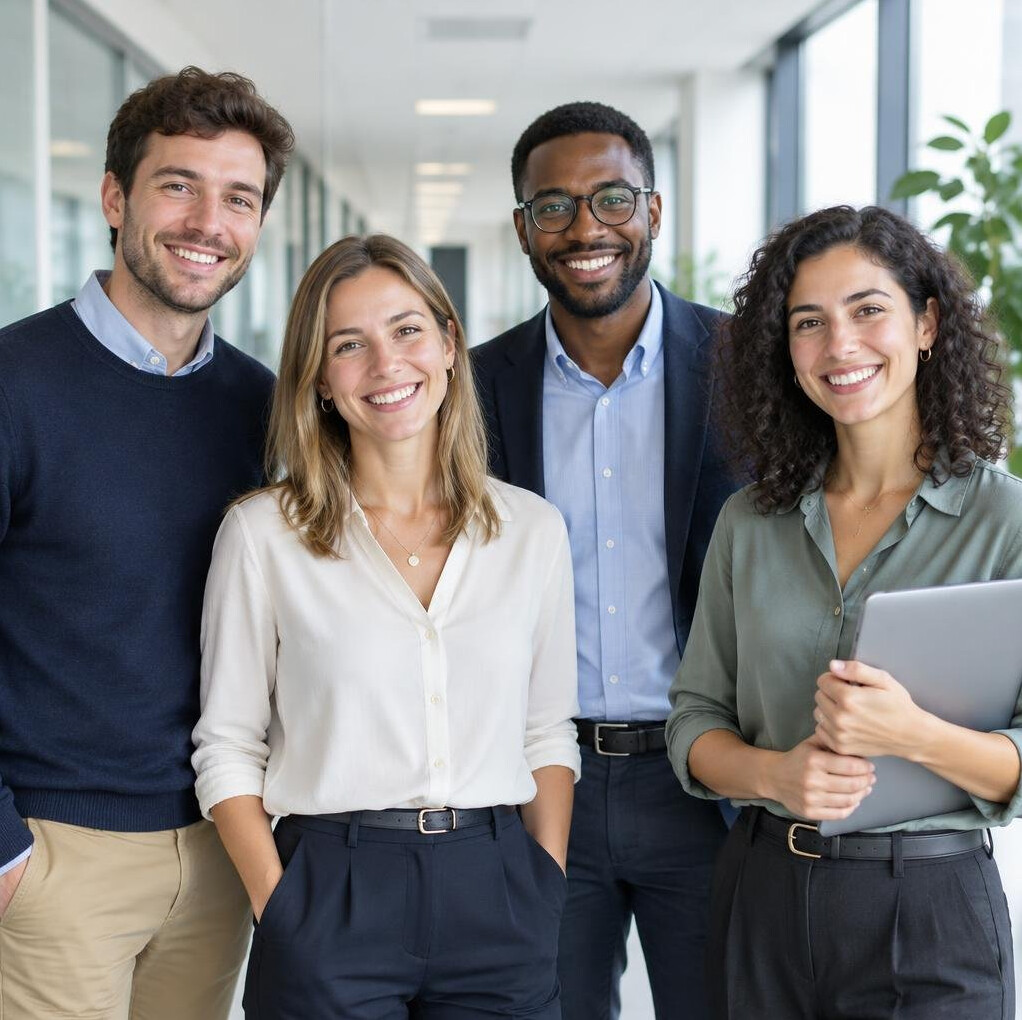 Group of professionals standing together in an office corridor