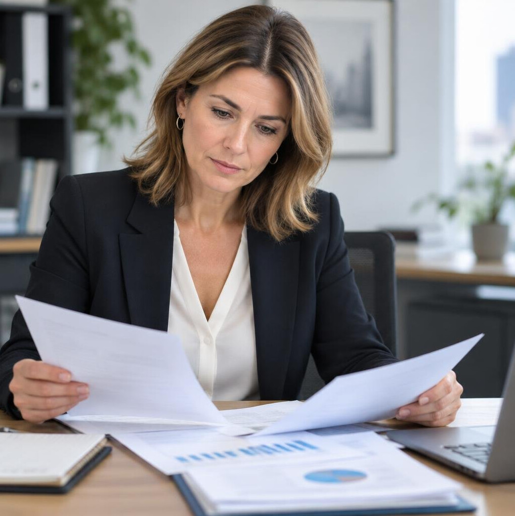 Woman reviewing paperwork at her desk
