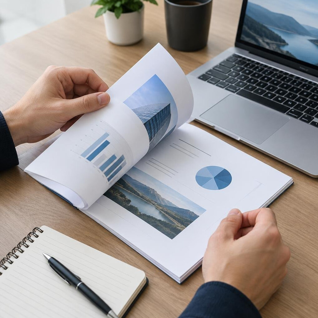 Hands reviewing printed reports next to a laptop
