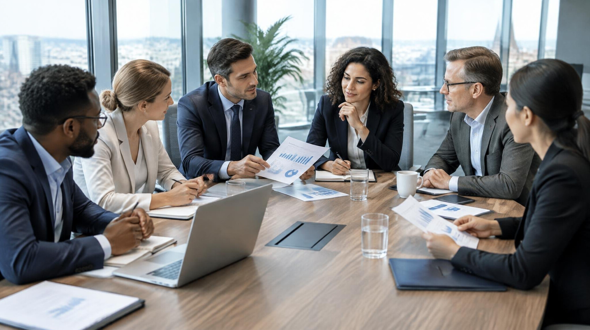 Professionals discussing documents around a boardroom table