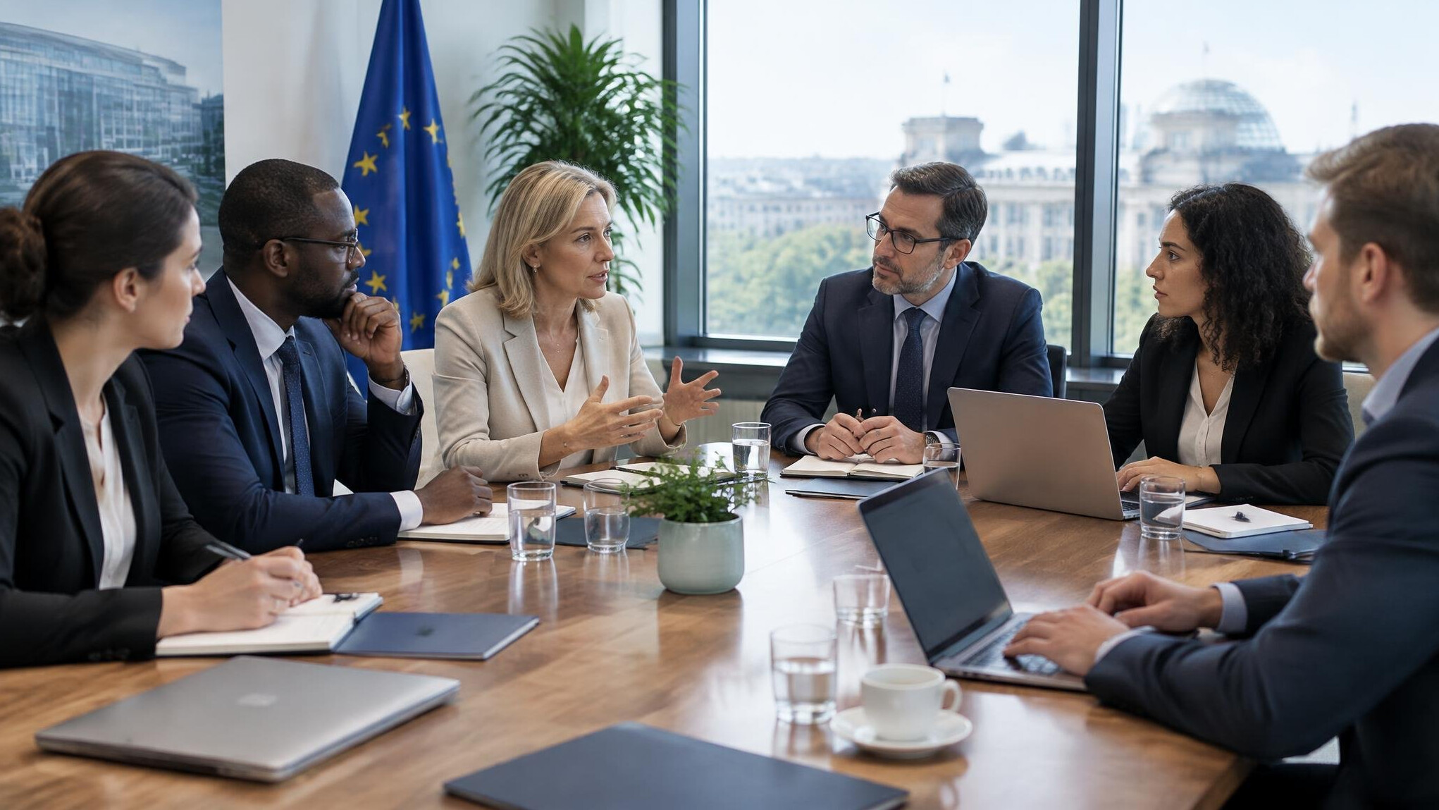 Committee members in discussion during a formal meeting